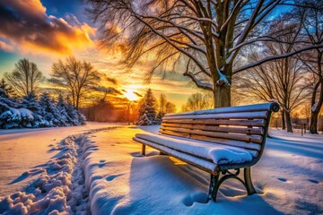 Snowy Bench Urban Exploration Photography - Winter Solitude, Abandoned Park, Cold Cityscape