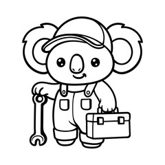 fun cute technician koala worker cartoon character isolated drawing line art style sketch classic vintage design illustration