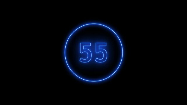 Timer from 60 to 0 seconds. 1 minute countdown. 60 seconds countdown timer animation. Neon bright glowing countdown timer from 60 to 0 seconds. Countdown from 60 to 0. 