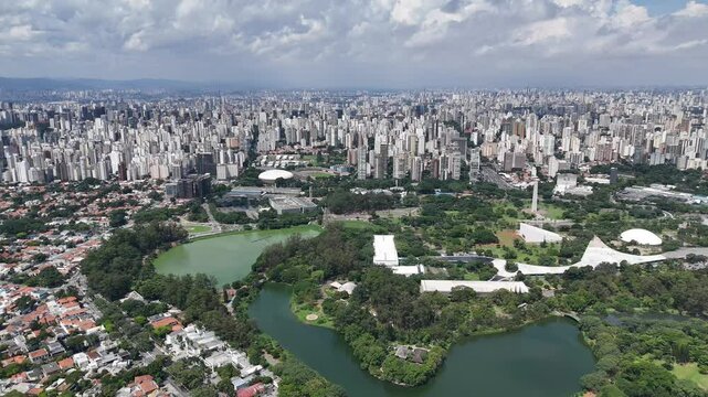 Aerial video above Parque Ibirapuera Sao Paulo on a sunny day