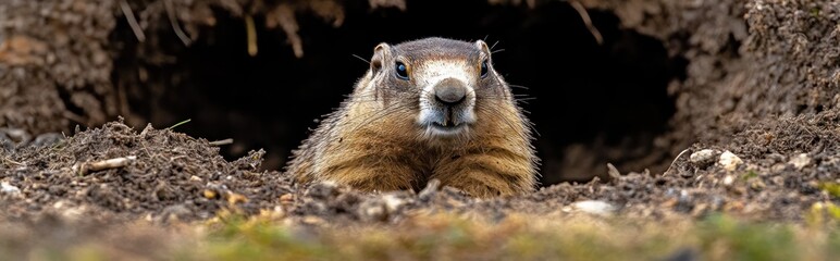 A close up portrait of a small furry ground dwelling animal peeking out from its burrow in the soil surrounded by the natural foliage and textures of its woodland habitat