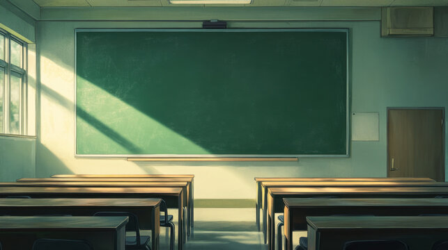 large chalkboard mounted on classroom wall, illuminated by sunlight, with empty wooden desks arranged in rows, creating serene learning environment