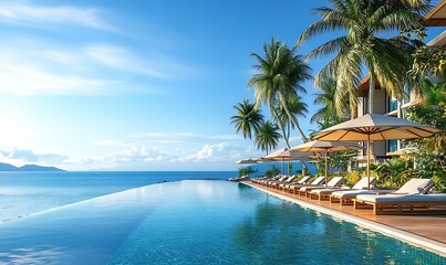 Naklejka premium Luxurious beachfront hotel or resort with elegant architecture situated directly by turquoise ocean clear blue sky. Coconut tree and pool that blends seamlessly sea white sand beach and sun lounger. 