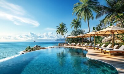Fototapeta premium Luxurious beachfront hotel or resort with elegant architecture situated directly by turquoise ocean clear blue sky. Coconut tree and pool that blends seamlessly sea white sand beach and sun lounger. 