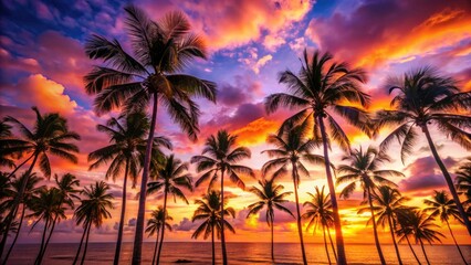 Stunning Aerial View of Palm Tree Silhouettes at Sunset, Tropical Landscape, Drone Photography, Scenic Nature, Exotic Vibes, Beautiful Coastline, Tranquil Atmosphere, Paradise Destination