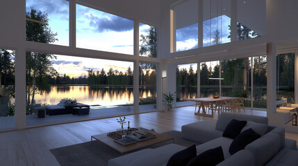 Fototapeta premium Modern home interior with large windows overlooking serene lake at sunset, creating peaceful atmosphere