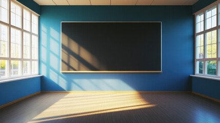 pristine empty classroom with blackboard, bright sunlight streaming through large windows, creating serene and inviting atmosphere for learning