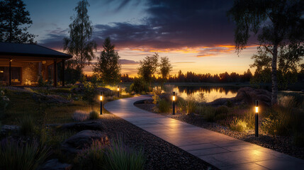 serene garden path illuminated by solar powered lights at dusk, surrounded by lush greenery and tranquil lake