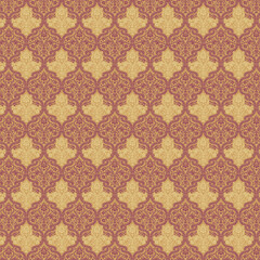 Rich gold and burgundy damask pattern with ornate baroque details. Seamless luxurious wallpaper texture perfect for classic and royal-themed designs.
