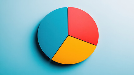Fototapeta premium colorful pie chart with three segments in blue, red, and yellow, set against light blue background, represents data visually and effectively
