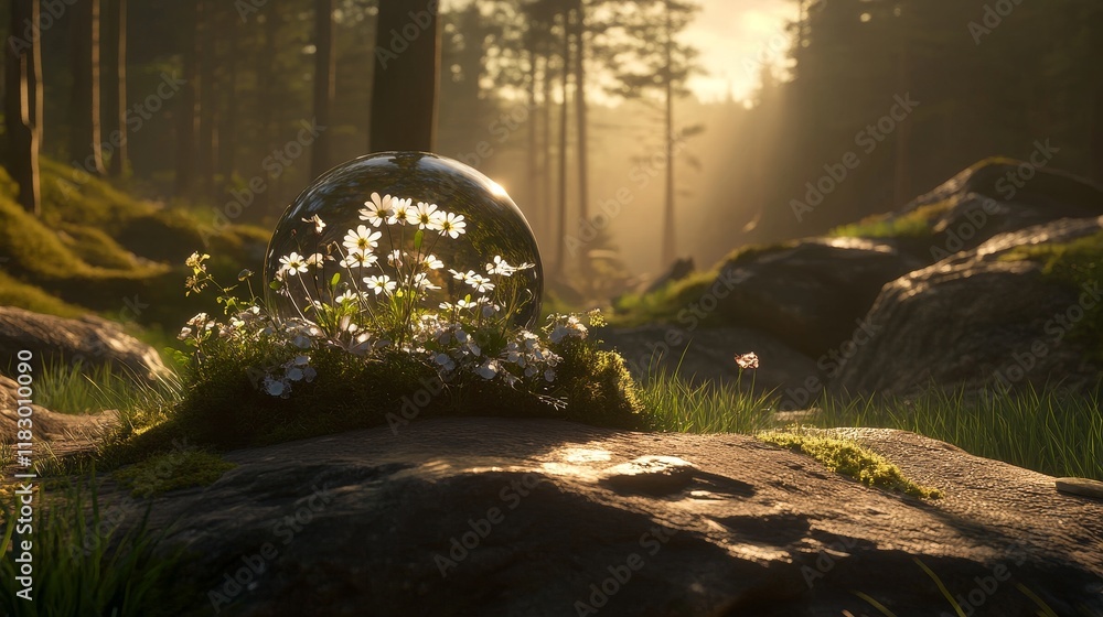 Aufkleber Enchanted Glass Sphere Containing Delicate Flowers in a Serene Forest Setting with Soft Sunlight Streaming Through Trees and Casting Gentle Shadows