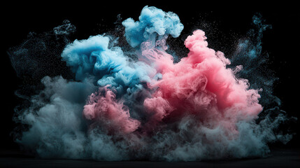 Surreal plume of vibrant pink and neon blue smoke swirling together, creating mesmerizing visual effect