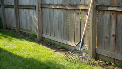 Metal rake leaned against a wooden fence in a lush green yard, ready for spring or fall cleanup.A household tool for backyard cleanup, home improvement and enjoying the beauty of nature