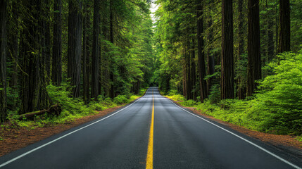 Naklejka premium straight road stretching through lush green forest, surrounded by tall trees and vibrant foliage, invites sense of adventure and tranquility
