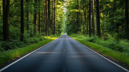 Fototapeta premium straight road stretching through lush green forest, surrounded by tall trees and vibrant foliage, invites sense of tranquility and adventure