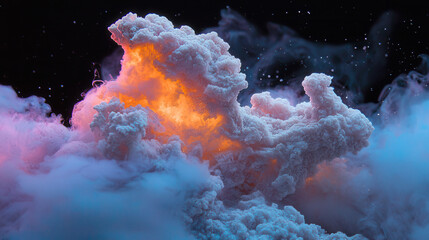Dynamic clouds of electric blue and bright purple with glowing orange highlights create mesmerizing visual effect in dark