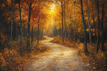 Vibrant Autumn Forest Pathway with Colorful Leaves and Misty Morning Light in a Tranquil Landscape