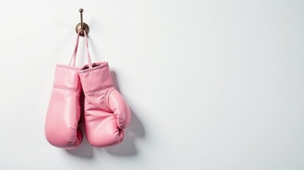 Pink leather boxing gloves hanging on a hook against a white background
