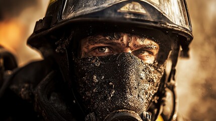 Fototapeta premium Firefighter in full gear displays dedication and resilience after battling flames