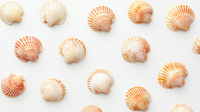 Arranged seashells in various patterns create beautiful coastal display. intricate designs and colors evoke sense of tranquility and connection to nature