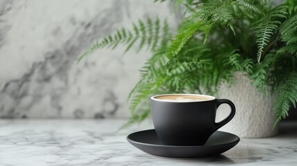 Black Coffee Cup Latte Art Fern Plant Marble Background