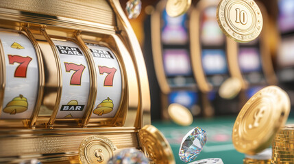 luxurious casino themed slot machine with vibrant symbols and coins, evoking excitement and anticipation