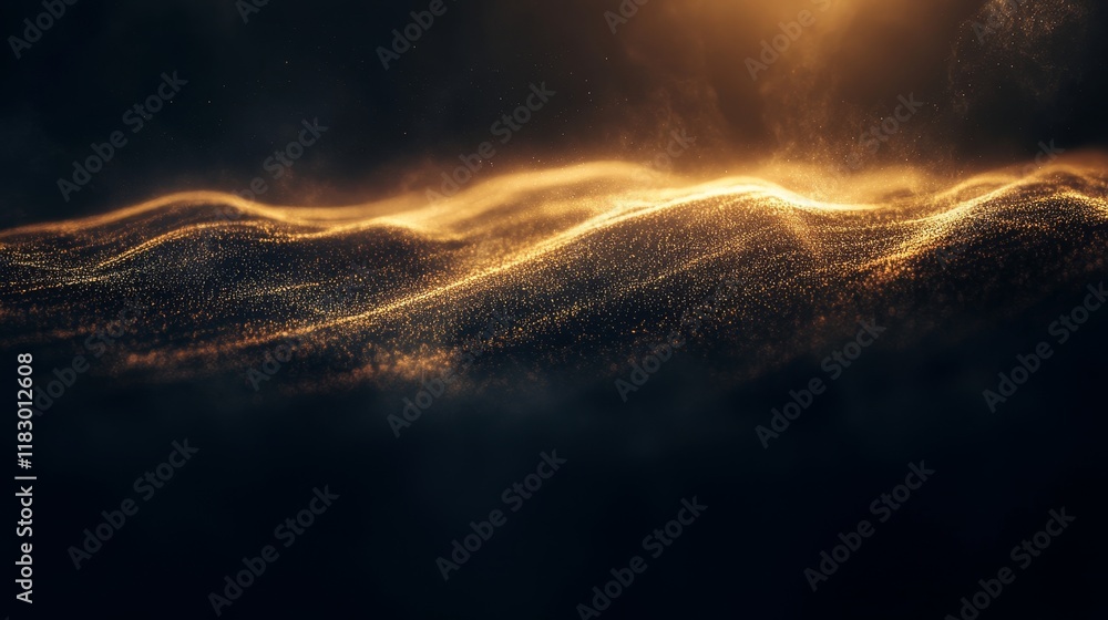 Poster ethereal golden waves of light casting soft illumination on a dark background for abstract and atmos