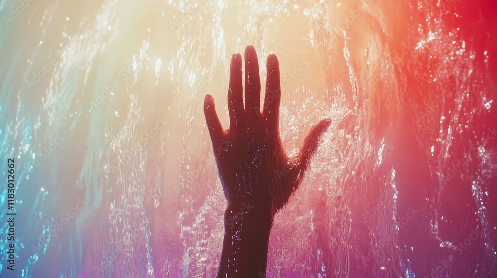 Poster ethereal hand reaching out through colorful water, creating beautiful reflections and light patterns