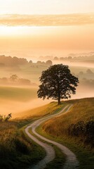 Serene sunrise over foggy countryside with a winding path and lone tree