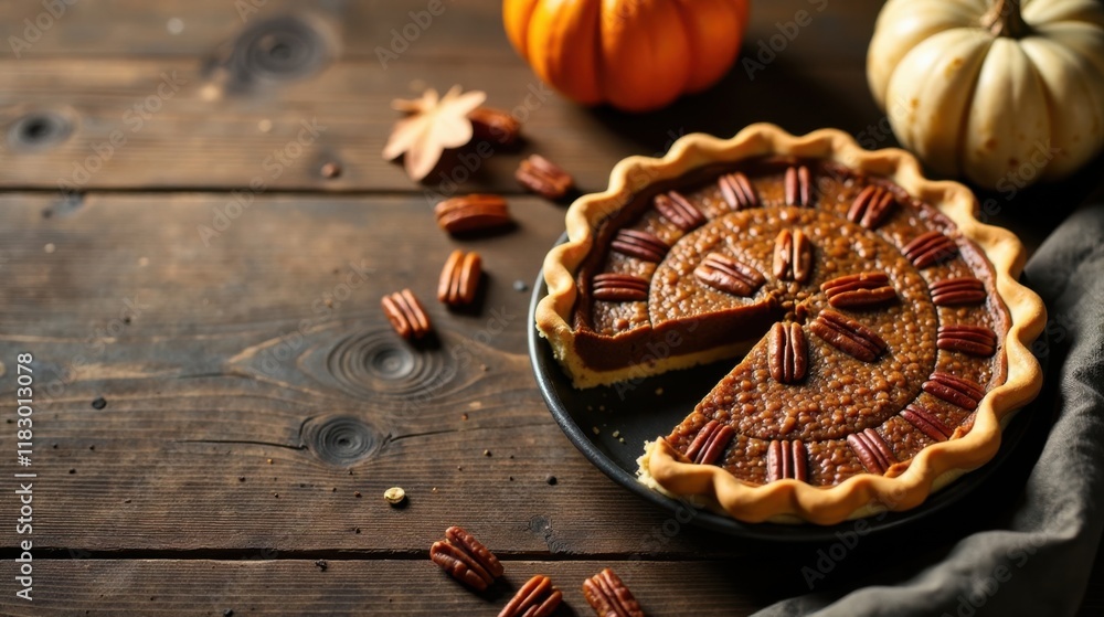 Aufkleber Autumn Pecan Pie Delight A Sliced Piece on Rustic Wooden Tabletop with Pumpkins and Nuts