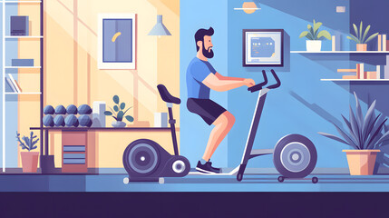 A bearded man exercises on a stationary bike in a stylish home gym. Sunlight streams in, illuminating the room's plants and minimalist decor. He appears focused and determined.