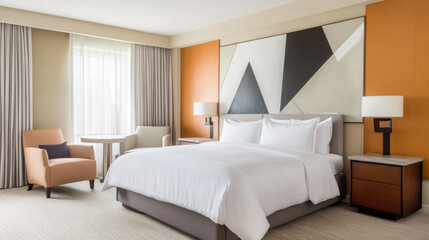 Stylish bedroom with soft lighting, featuring modern bed and decor