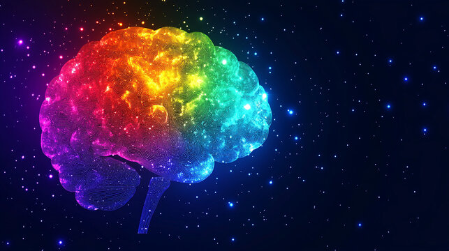 An artistic representation of a brain with vibrant rainbow colors and a starry background