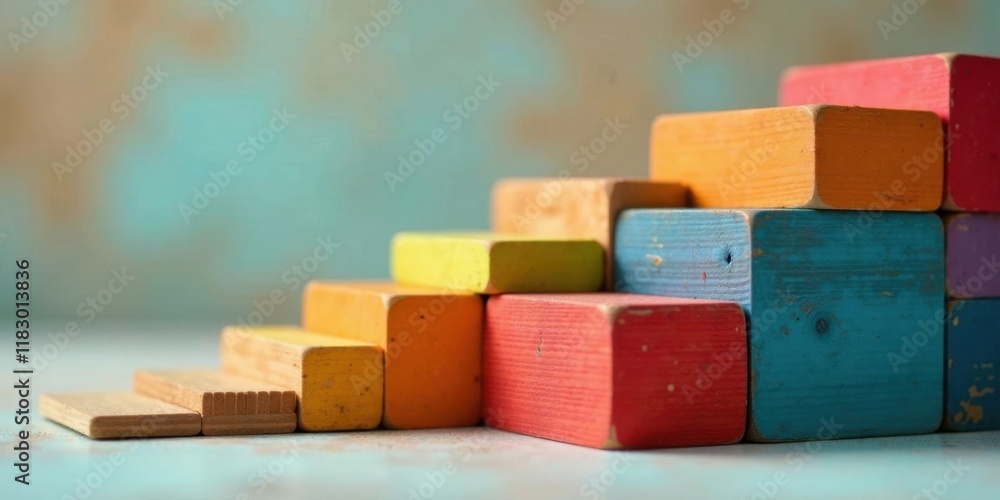 Poster Colorful Wooden Blocks Arranged in Ascending Order Representing Growth and Progress