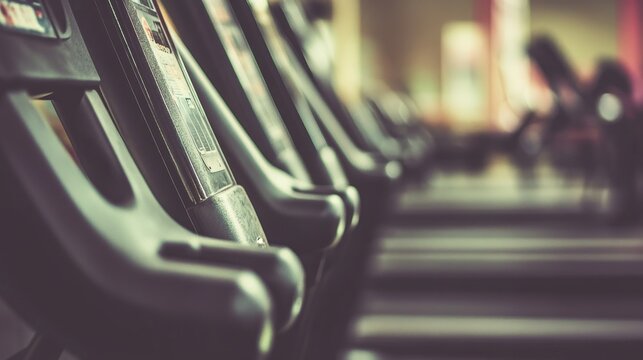 Exercise Equipment Row in a Modern Gym Setting, Treadmills in Focus with Blurred Background, Ideal for Fitness and Health Promotion Concepts