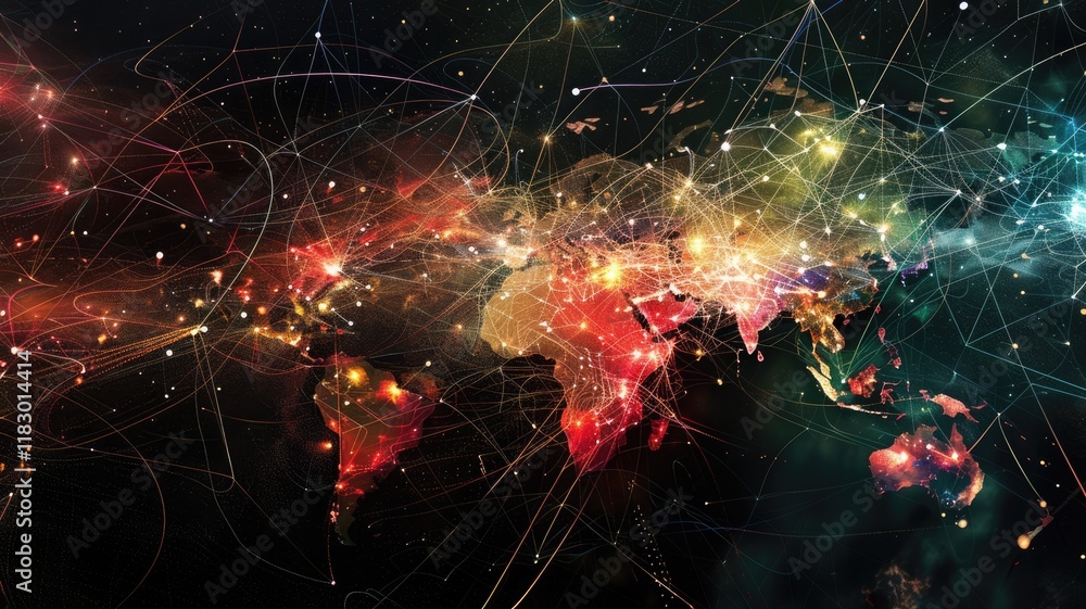 Poster a vibrant abstract visualization depicting a critical network across the globe. this artwork illustr