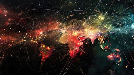 A vibrant abstract visualization depicting a critical network across the globe. This artwork illustrates connections and data flow, offering a modern aesthetic for technology themes.