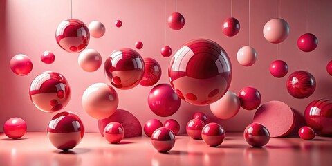 Abstract elegance: 3D-rendered red geometric spheres suspended in a pink haze, adorned with delicate particles.