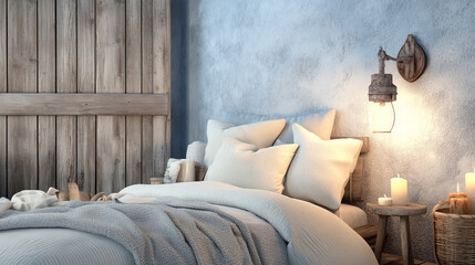 cozy bedroom with soft lighting, featuring plush bed and rustic decor. warm ambiance creates relaxing atmosphere for rest
