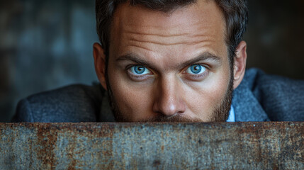 businessman with striking blue eyes peeks over rusty surface, showcasing thoughtful expression. image captures moment of curiosity and intrigue in professional setting