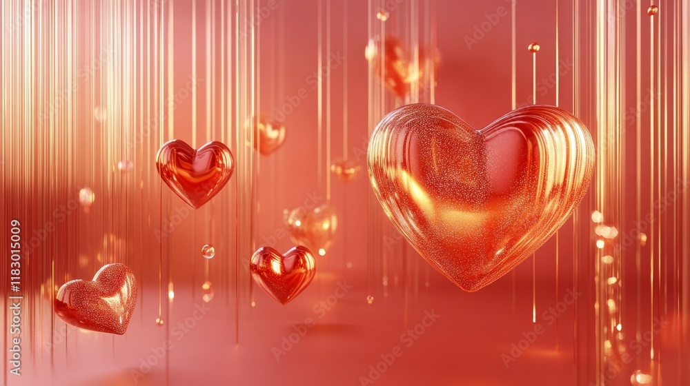 Poster floating red hearts with shimmering background and light rays