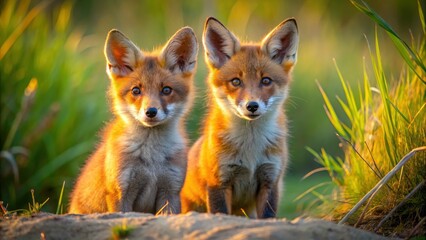 Fototapeta premium Amsterdam dunes: captivating wildlife photography of playful fox cubs.
