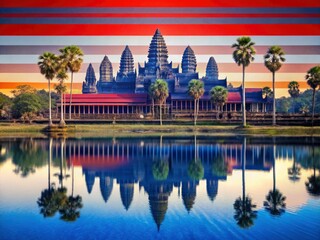 Naklejka premium Angkor Wat's iconic barcode texture, framed by Cambodia's breathtaking landscape and red, blue, and white flag hues, defines this stunning photograph.