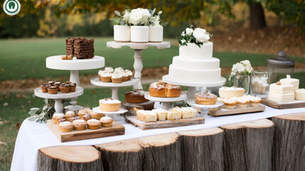 Elegant outdoor wedding reception featuring variety of gourmet desserts, including cakes and pastries, beautifully arranged rustic wooden stands