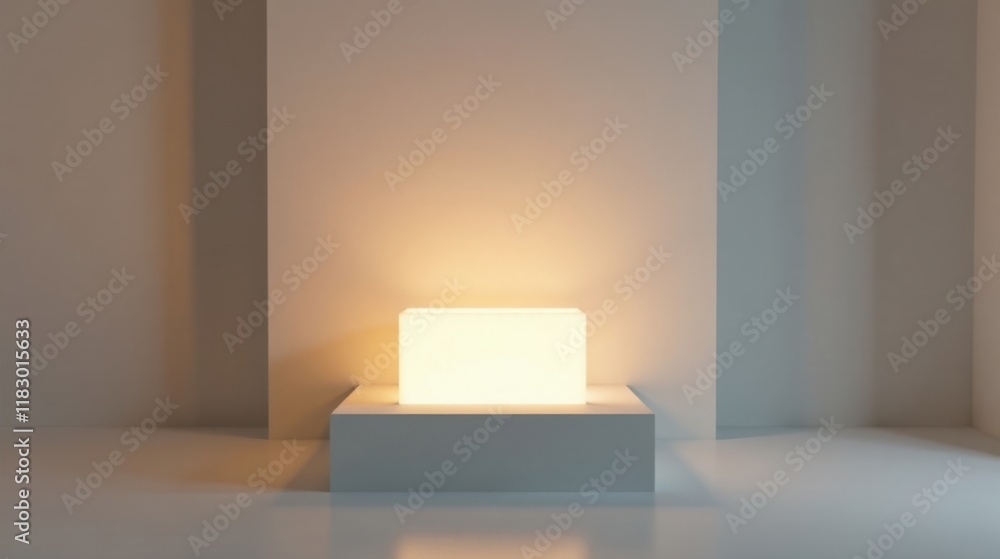 Poster illuminated cube on minimalist pedestal in a simple room