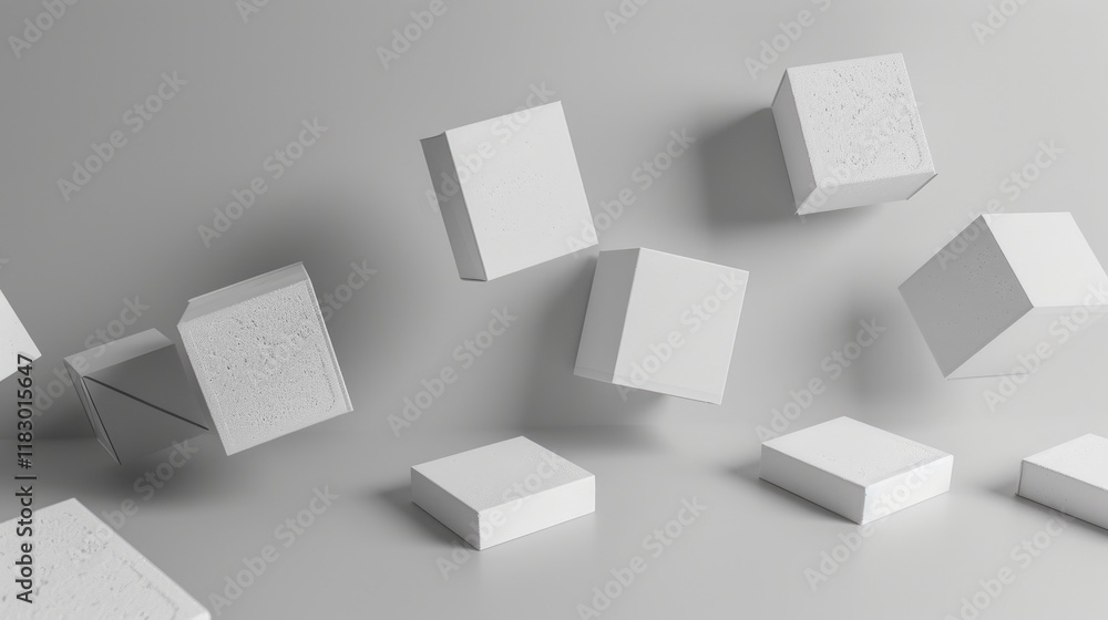Poster this image showcases several medium-sized white boxes appearing to float in a minimalist space. the 