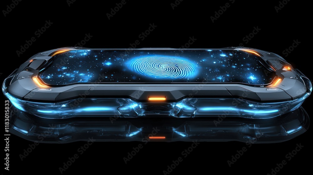 Poster futuristic smartphone with biometric fingerprint scan & celestial display