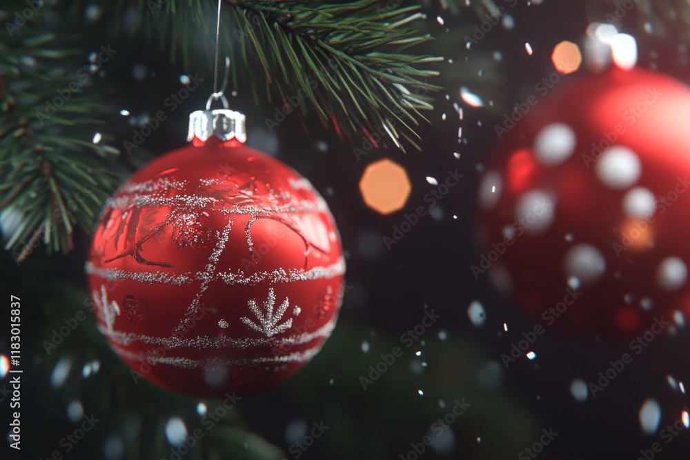 Poster festive red christmas ornaments hanging on a tree with soft snowfall and warm bokeh lights creating 