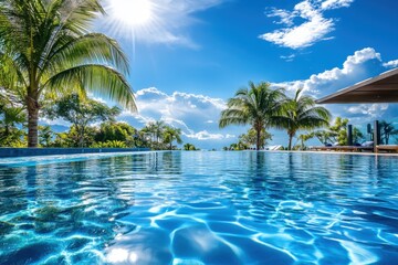 Fototapeta premium Luxurious swimming pool with crystal clear water tropical paradise location aesthetic photography serene environment scenic viewpoint relaxation concept
