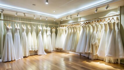 Bridal shop showcasing exquisite white wedding dresses; find your dream gown.